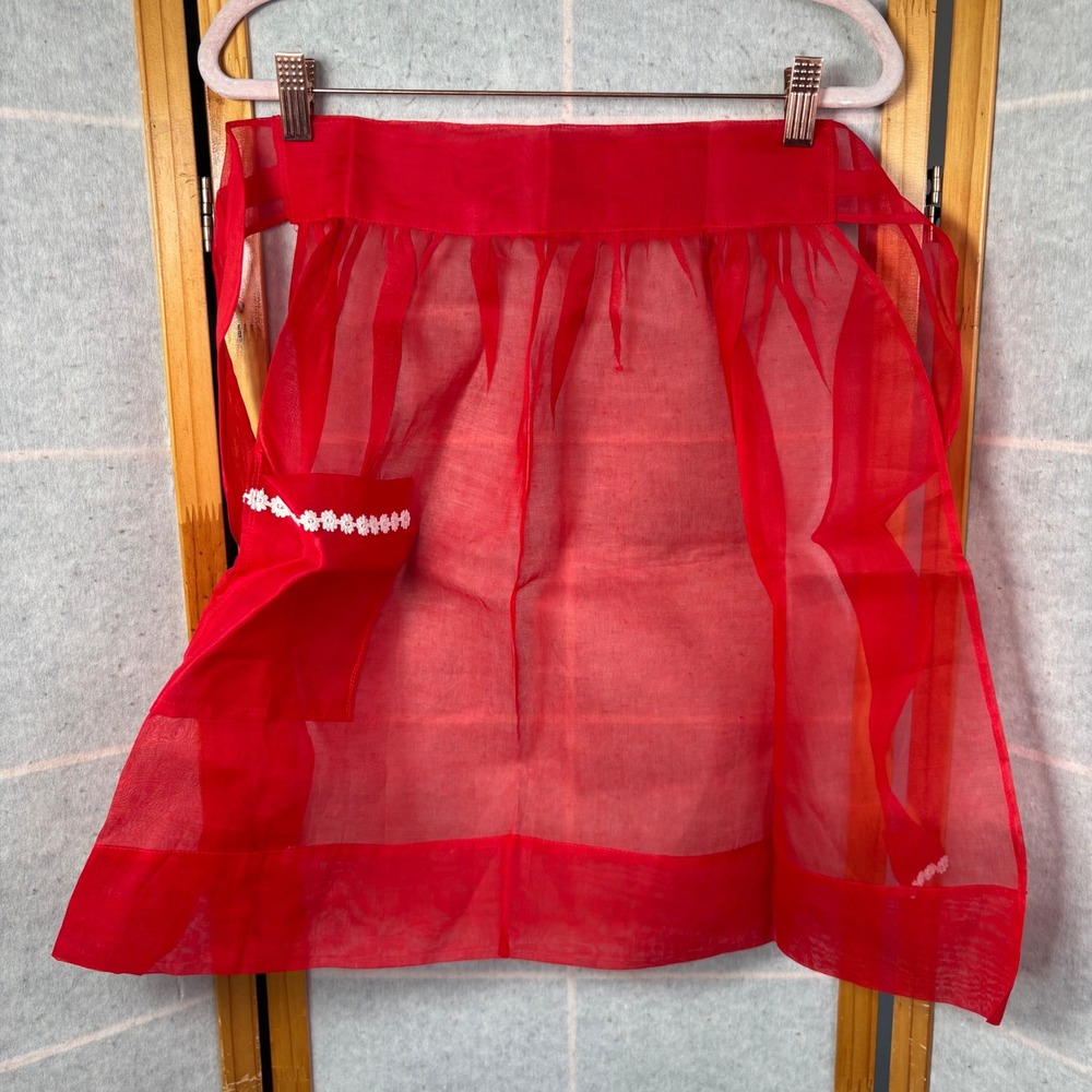 Vintage Half Apron Red Sheer Organza Floral Lace Trim Pocket 1950s Hostess - Picture 1 of 7